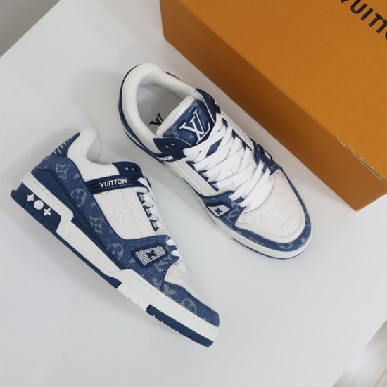 Top-Down Angled View - L Trainer Monogram Denim Blue And White Low Top Trainers Top-down angled view of L Trainer Monogram Denim Blue And White Low Top Trainers showing laces and tongue
