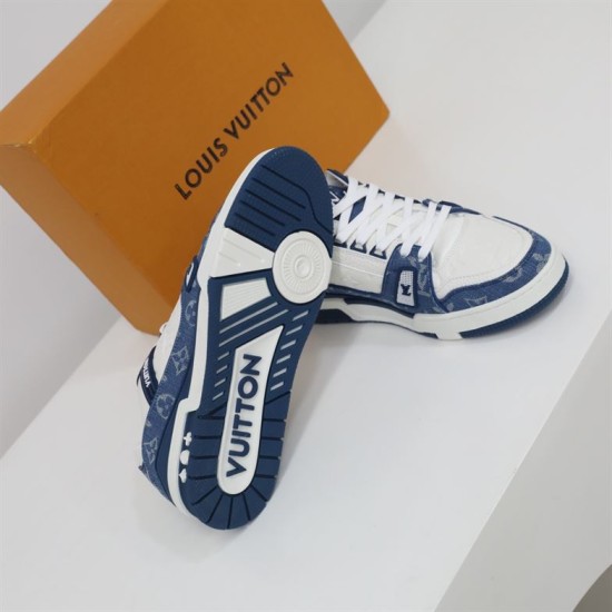 Underside Tread View - L Trainer Monogram Denim Blue And White Low Top Trainers Underside view displaying patterned rubber tread of L Trainer Monogram Denim Blue And White Low Top Trainers
