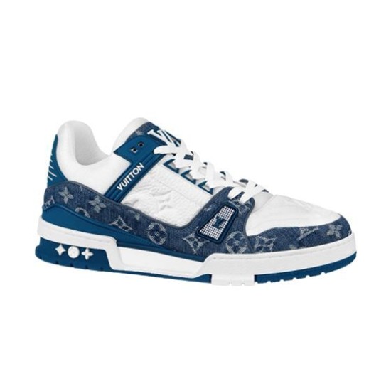 Studio Profile View - L Trainer Monogram Denim Blue And White Low Top Trainers Studio profile view of L Trainer Monogram Denim Blue And White Low Top Trainers showing side panels
