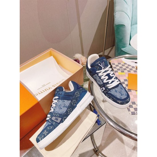 L Monogram Blue Denim Low Top Trainer Sneakers arranged with packaging box
