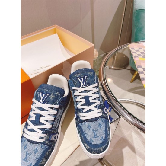 L Monogram Blue Denim Low Top Trainer Sneakers top down laces view