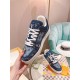 L Monogram Blue Denim Low Top Trainer Sneakers close up of tongue and collar