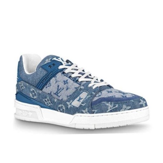 L Monogram Blue Denim Low Top Trainer Sneakers full side profile studio shot