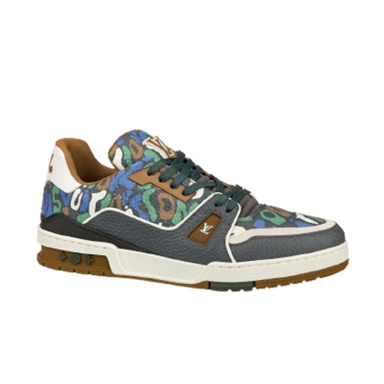 Side profile of L Trainer Sneaker in multicolour camouflage print leather in multicolour and brown Side profile of L Trainer Sneaker in multicolour camouflage print leather with brown and green accents