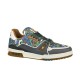 Side profile of L Trainer Sneaker in multicolour camouflage print leather in multicolour and brown Side profile of L Trainer Sneaker in multicolour camouflage print leather with brown and green accents