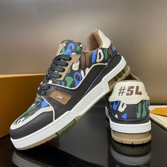 Rear angle view of L Trainer Sneaker in multicolour and brown Rear angle of L Trainer Sneaker showcasing distinctive heel branding against a multicolour backdrop in multicolour and brown
