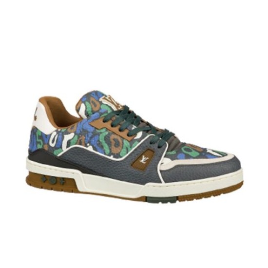Studio profile shot of L Trainer Sneaker in multicolour and brown Studio profile shot of L Trainer Sneaker in multicolour camouflage print leather against a plain background in multicolour and brown