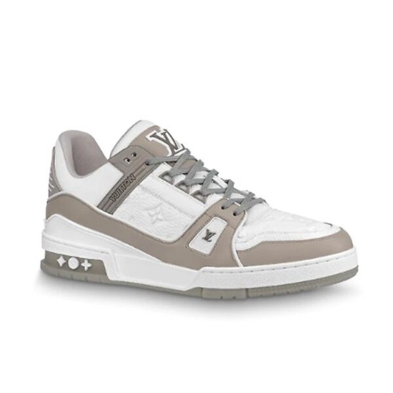 L Low-Top Trainer Sneaker - Grey and White Side Profile Studio side profile view of L grey and white low-top trainer sneaker
