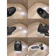 Collage view showing toe, heel, sole and interior of L black monogram leather trainer low top shoes in black and red