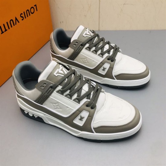 L Trainer Sneaker Low Top White Grey Monogram Leather Pair Angle L Trainer Sneaker Low Top White Grey Monogram Leather pair angled view