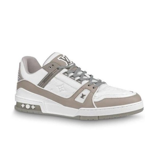 L Trainer Sneaker Low Top White Grey Monogram Leather Studio View L Trainer Sneaker Low Top White Grey Monogram Leather studio side perspective