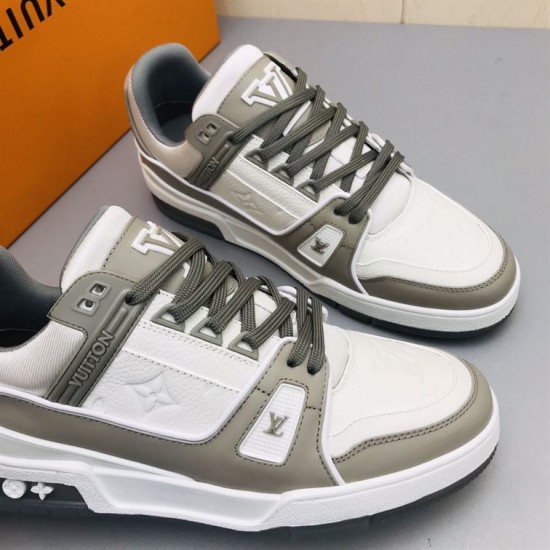 L Trainer Sneaker Low Top White Grey Monogram Leather Lacing Detail L Trainer Sneaker Low Top White Grey Monogram Leather front lacing layout