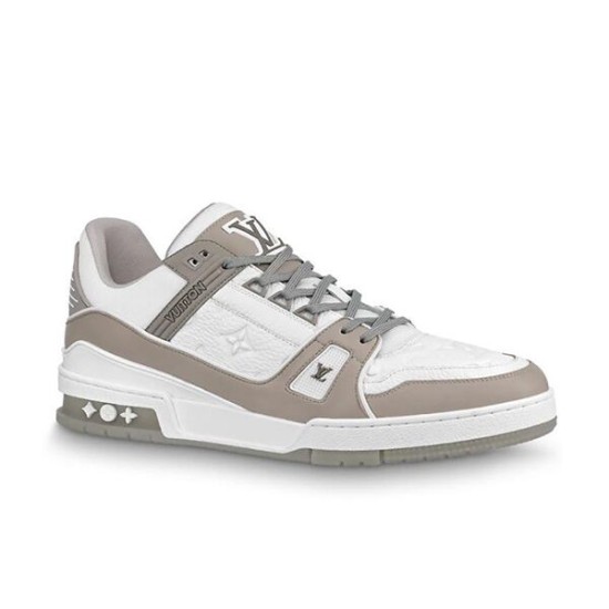 L Trainer Sneaker Low Top White Grey Monogram Leather Side Profile L Trainer Sneaker Low Top White Grey Monogram Leather side profile view