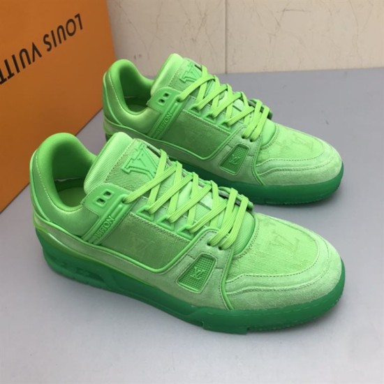 L green monogram denim sneakers pair top angle Pair of L green monogram denim sneakers angled from above