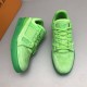 L green monogram denim trainers top down view Top down view showing laces and tongue of the L green monogram denim trainers