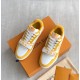 L Trainer Sneaker Yellow White Strap Low Top lace view Overhead angle showing laces and yellow accents in yellow and white