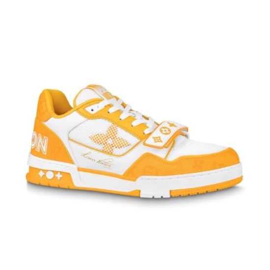 L Trainer Sneaker Yellow White Strap Low Top side view Side profile of yellow and white low top trainer