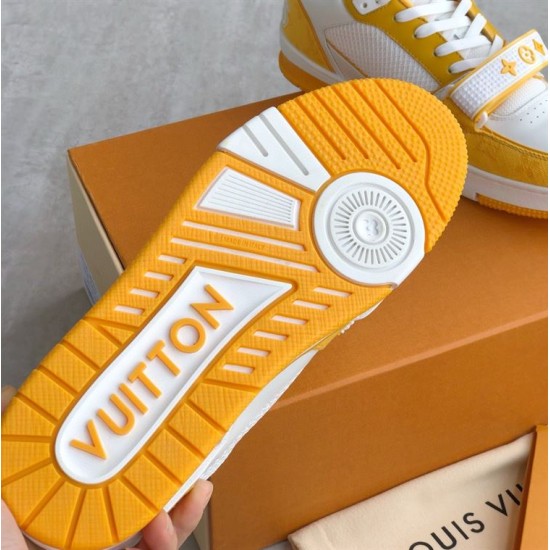 L Trainer Sneaker Yellow White Strap Low Top outsole view Sole view showing yellow and white tread pattern