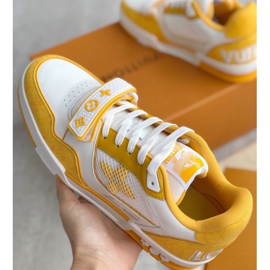 L Trainer Sneaker Yellow White Strap Low Top strap detail Close up of front strap and perforated toe box in yellow and white
