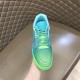 L Trainer Low Top Sneakers In Green Grained Leather - Top-Down View in green and pink Direct top-down view of L trainer low top sneakers in green grained leather toe box and laces in green and pink