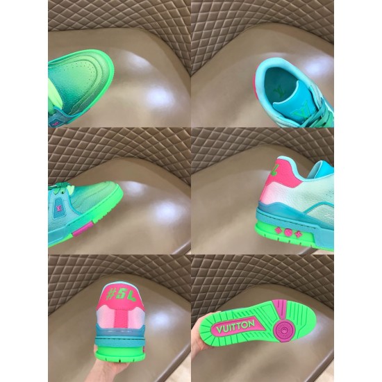 L Trainer Low Top Sneakers In Green Grained Leather - Detail Grid in green and pink Composite grid image displaying toe box, collar interior, heel, and outsole of L trainer low top sneakers in green grained leather in green and pink