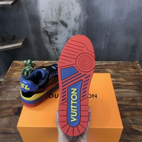 Outsole View of L Colourblock Patent Canvas Trainers in multi-colour and red Underside view of the red and blue patterned rubber outsole on the L trainers in multi-colour and red
