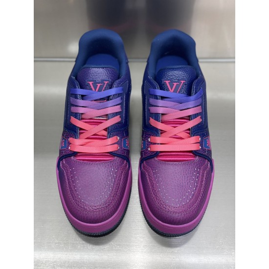 Top down view of L low top trainer leather sneakers showing gradient laces and tongue branding in pink and blue