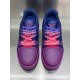 Top down view of L low top trainer leather sneakers showing gradient laces and tongue branding in pink and blue