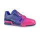 Studio profile shot of L low top trainer leather sneakers in pink and blue gradient on white background