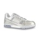 Side View of L Trainer Metallic Silver Low Top Sneakers Side profile of L Trainer Metallic Silver Low Top Sneakers