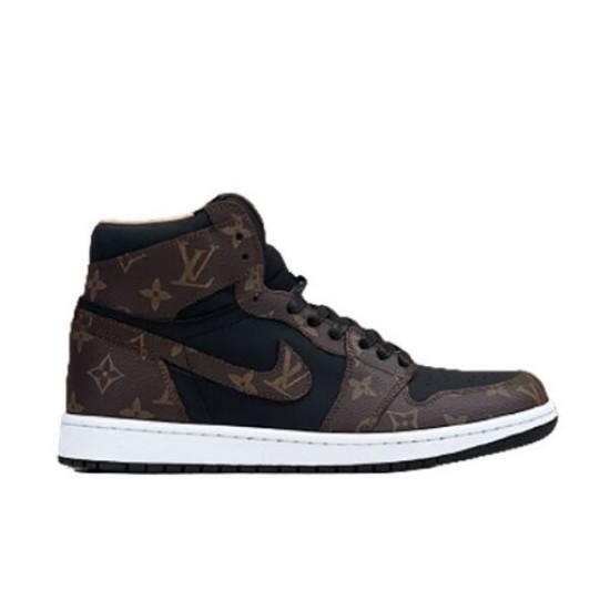 Studio side profile of the brown and black L high top trainers Studio lateral view of the brown and black L high top trainers against a plain background