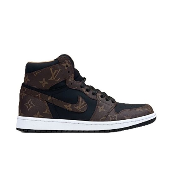 Lateral profile view showcasing brown and black L high top trainers Profile view of the brown and black L high top trainers