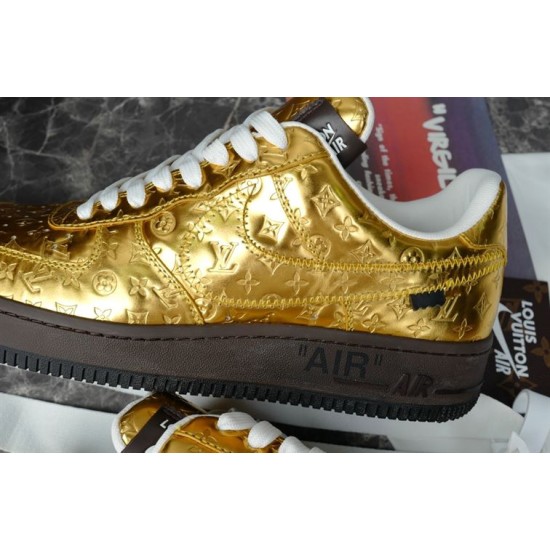 Close-up profile of metallic gold trainer showing side Swoosh and stitching