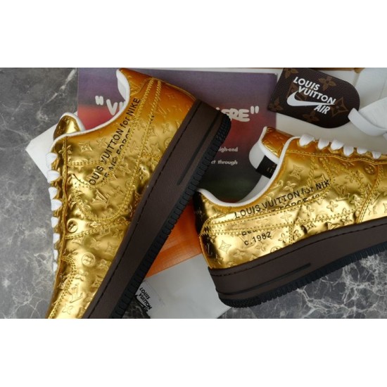 Medial side view showing printed text on metallic gold upper