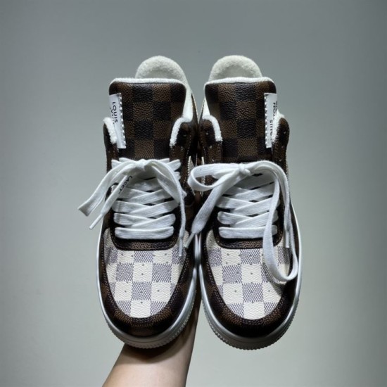 Top-down toe box view of Nike Air Force 1 Low Patterned Brown Trainers