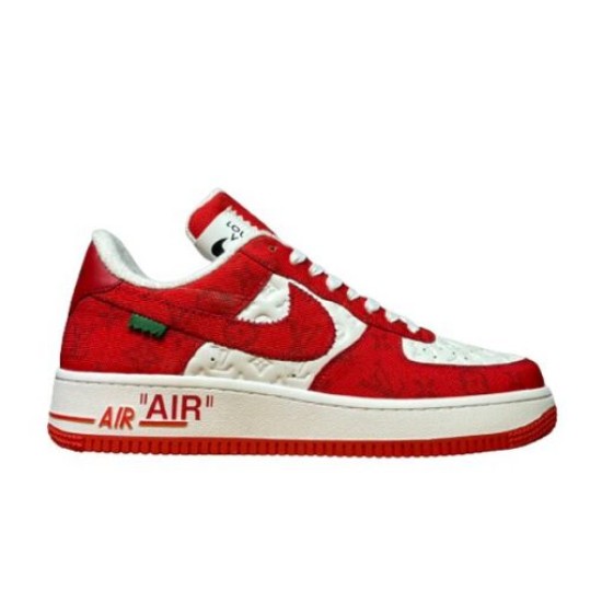Nike Air Force 1 Low-Top Red White Trainers Side View Full lateral side view of Nike Air Force 1 Low-Top Red White Trainers against a clean background