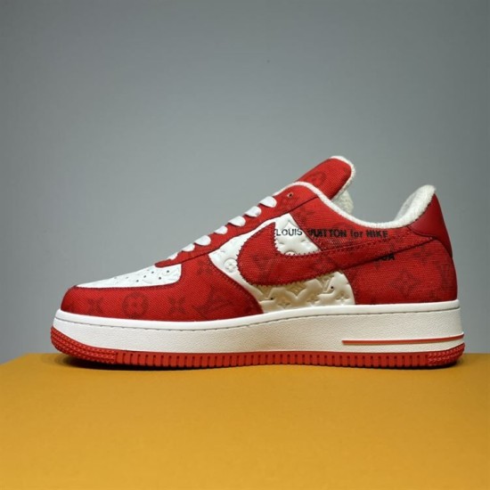 Nike Air Force 1 Low-Top Red White Trainers Medial Aspect Medial side view of Nike Air Force 1 Low-Top Red White Trainers displaying printed text on the upper panel