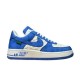 Nike Air Force 1 Low-Top Blue White Trainers Profile View Side profile of Nike Air Force 1 Low-Top Blue White Trainers on white background