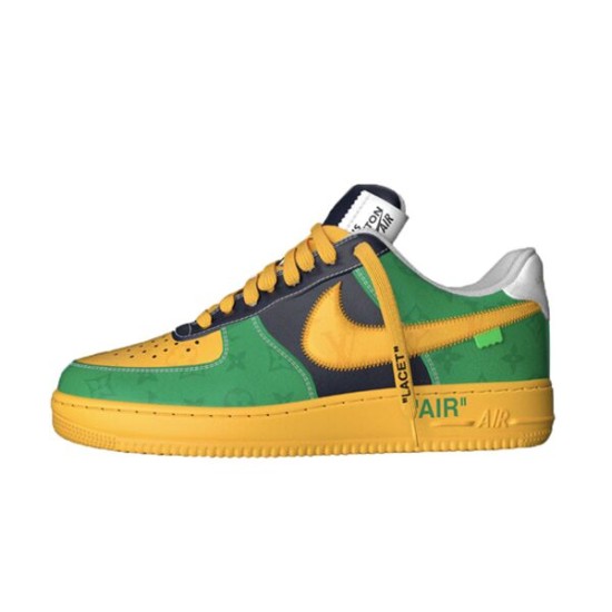 Nike Air Force 1 Low-Top Yellow And Green Trainers Side View Side profile of Nike Air Force 1 Low-Top Yellow And Green Trainers featuring green panels and yellow swoosh