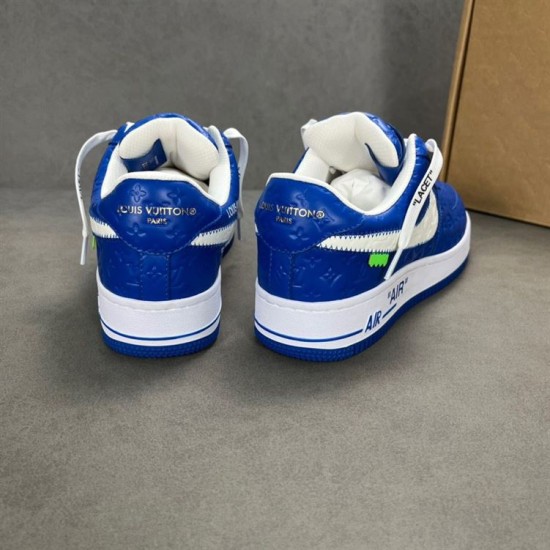 Nike Air Force 1 By Virgil Abloh Blue Trainers Heel View in blue and white Rear heel view showing the embossed blue back panels of Nike Air Force 1 By Virgil Abloh trainers in blue and white