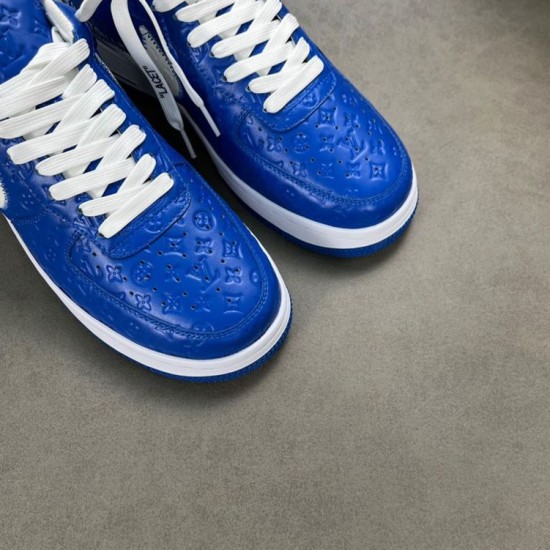 Nike Air Force 1 By Virgil Abloh Blue Trainers Toe Box Detail in blue and white Close-up view of the blue embossed leather toe boxes on Nike Air Force 1 By Virgil Abloh trainers in blue and white