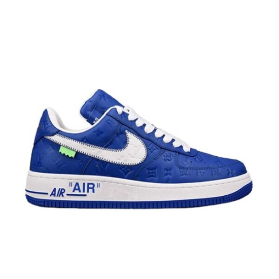 Nike Air Force 1 By Virgil Abloh Blue Trainers Side View in blue and white Side profile view of Nike Air Force 1 By Virgil Abloh blue leather trainers with white swoosh