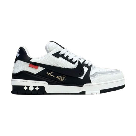 L White And Black Trainers Side Profile Profile view of L white and black leather trainers showing side branding