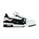 L White And Black Trainers Side Profile Profile view of L white and black leather trainers showing side branding