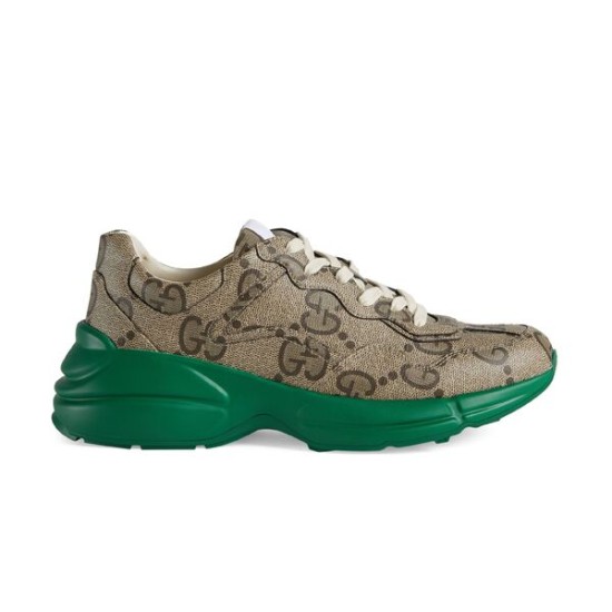 Monogram Canvas Chunky Trainers Side View in beige and green Side view of beige monogram canvas chunky trainers with green soles