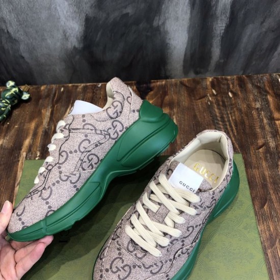 Monogram Canvas Chunky Trainers Top Angle in beige and green Top angled view of beige monogram trainers with off-white laces in beige and green
