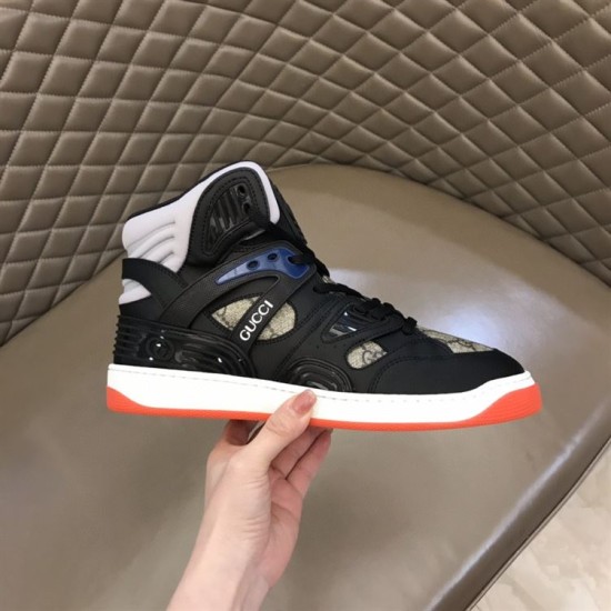 Gucci Basket High Top Black Demetra Canvas Trainer Lateral Handheld View Gucci Basket High Top Black Demetra Canvas Trainer Lateral Handheld View