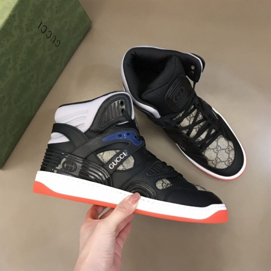 Gucci Basket High Top Black Demetra Canvas Trainers Handheld Pair View Gucci Basket High Top Black Demetra Canvas Trainers Handheld Pair View