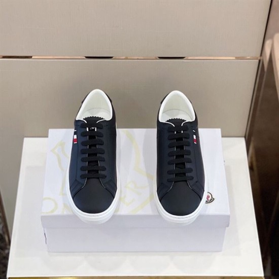 Moncler Dark Blue Low Top Trainers Top View in dark blue and white Top-down view of a pair of Moncler dark blue low-top leather trainers in dark blue and white