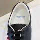 Moncler Dark Blue Trainer Insole Detail in dark blue and white Close-up view of Moncler dark blue trainer inner sole lining with blue logo branding in dark blue and white